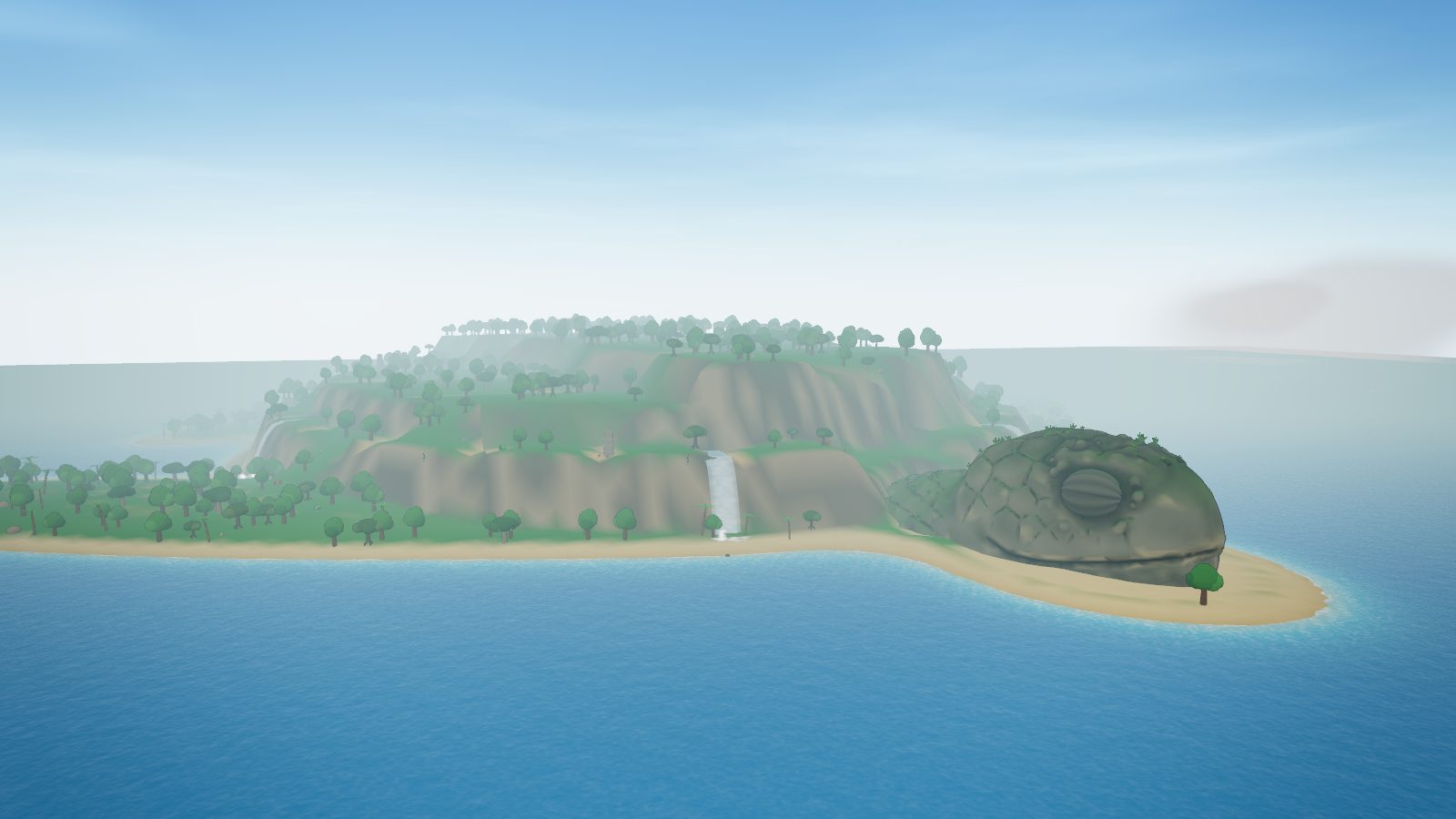 Old Deepbreath asleep at sea: forest, terraces and a waterfall on her shell, her great head resting on the sand