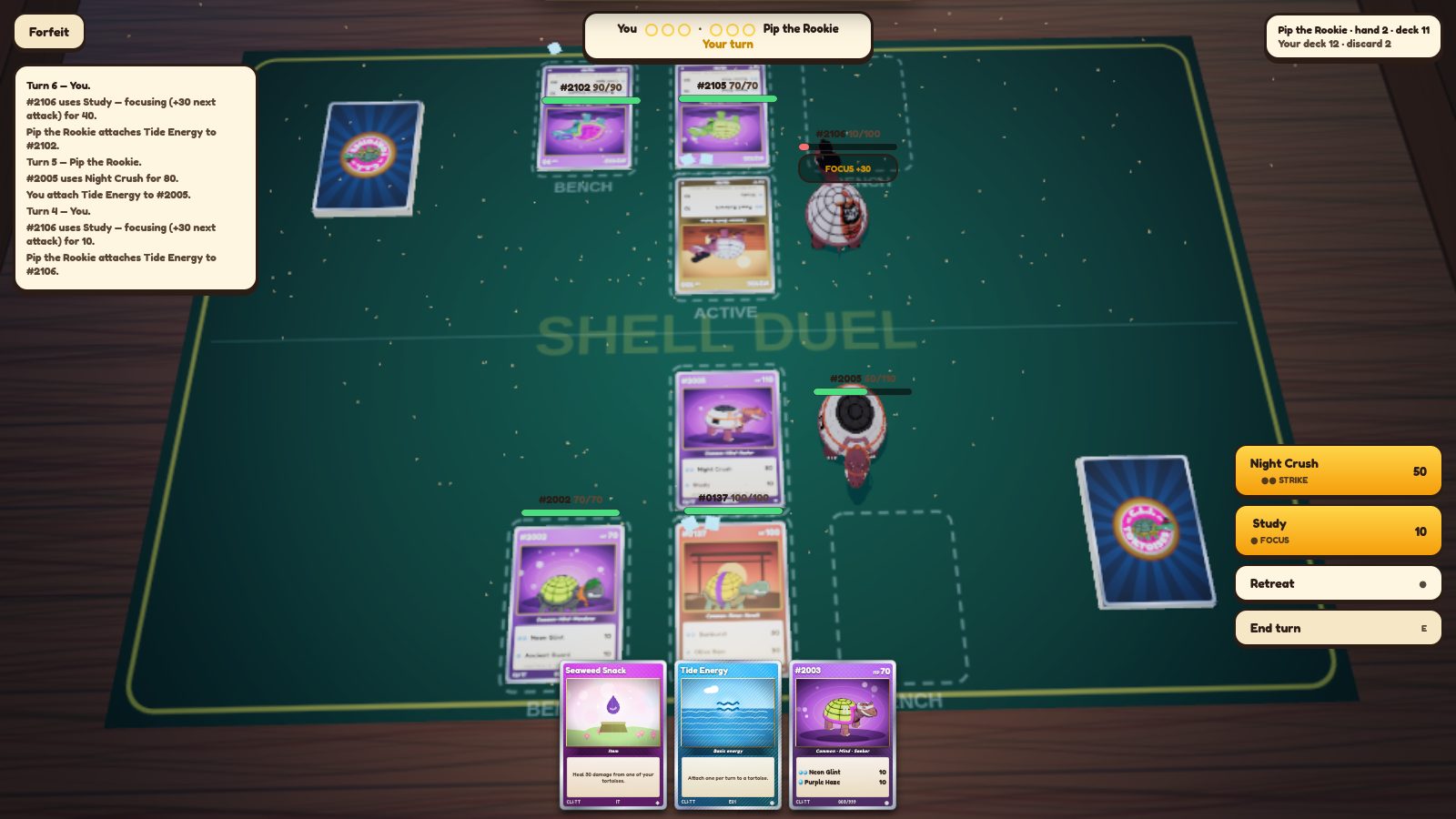 The Shell Duel card table, tortoises facing off