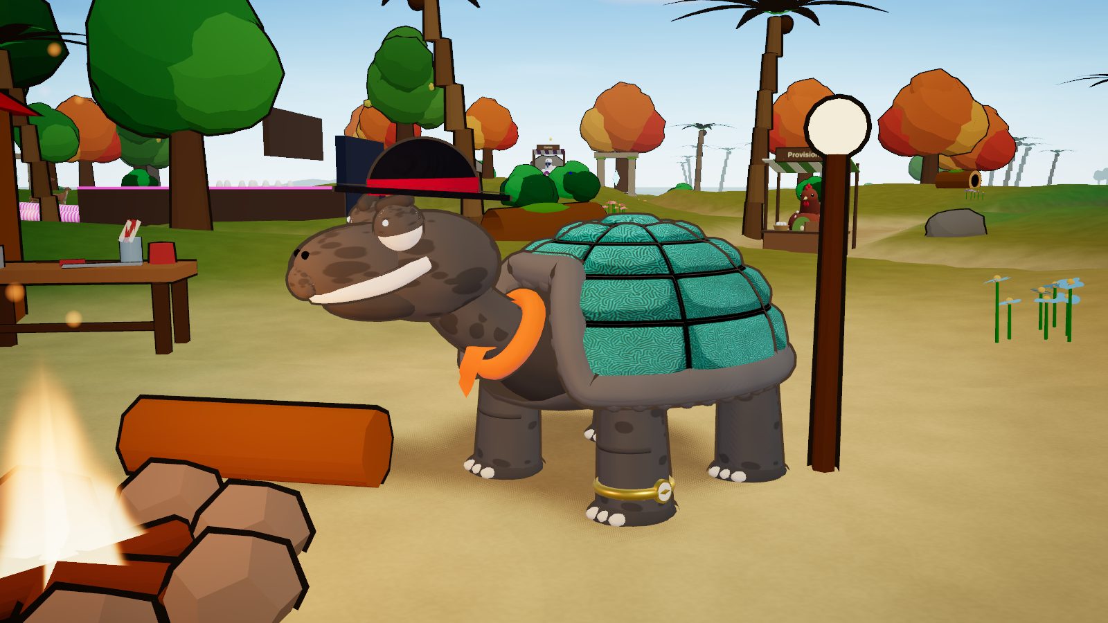 Elder Mossback by the campfire, in a bowler hat and scarf